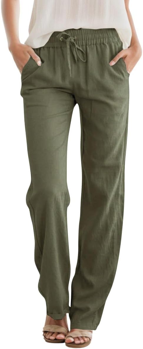 Womens High Waist Casual Pants Drawstring Straight Leg Vacation Comfy Lounge Pocket Linen Trousers