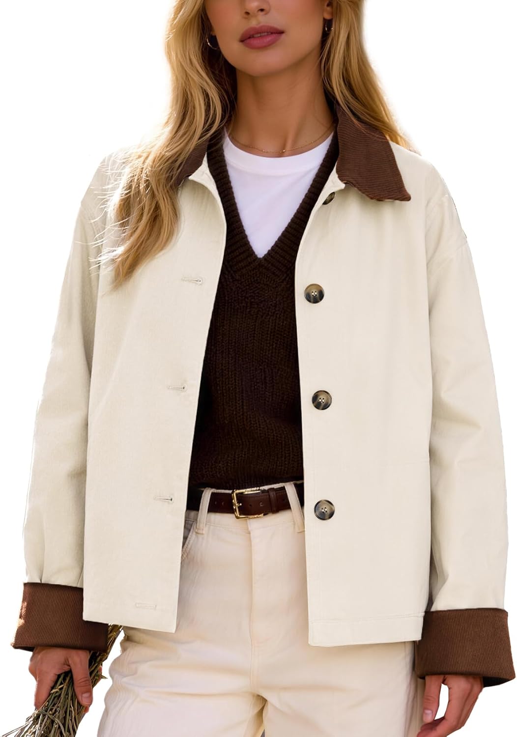 Womens Casual Jackets Cropped Trench Coat Contrast Collar Button Down Loose 2026 Spring Fall Jacket