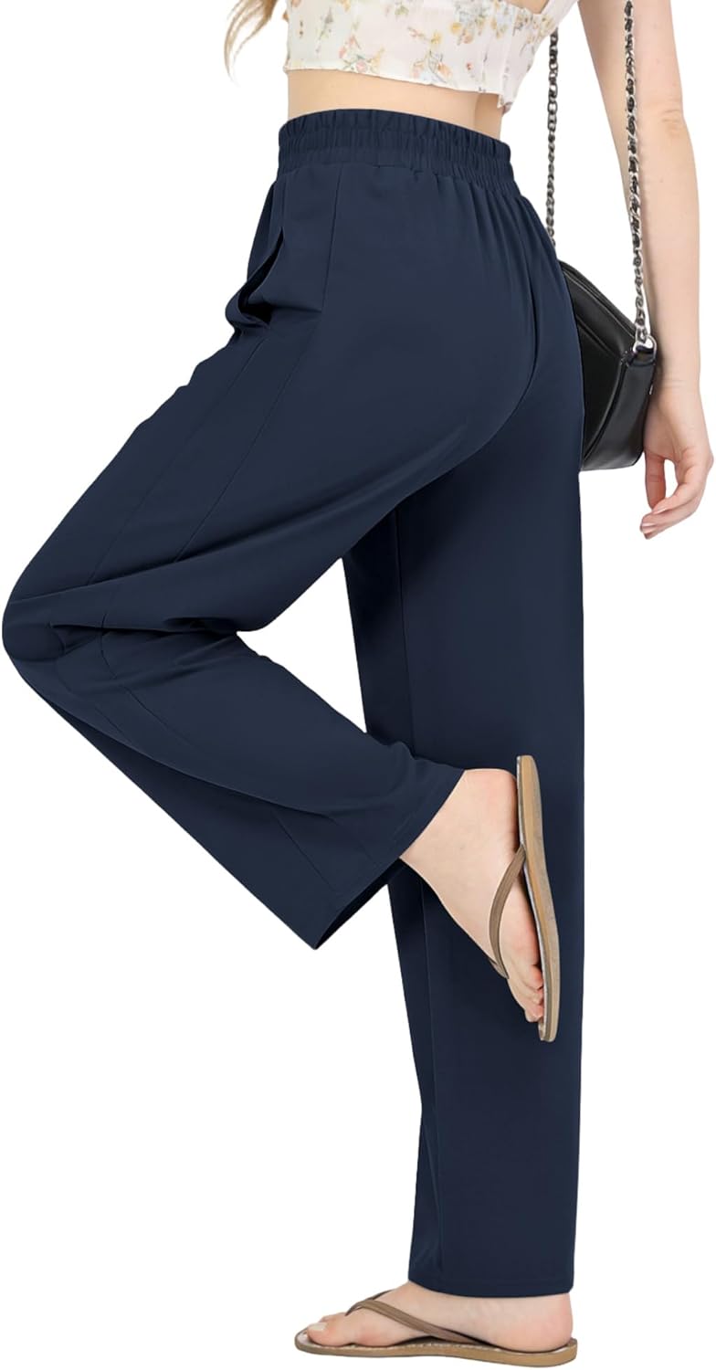Womens Casual Pants Breathable Stretchy Pull On High Waisted Straight Leg Trousers for Summer