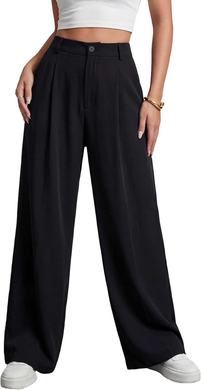 Women's Work Dress Pants Wide Leg High Elastic Waisted Formal Business Trousers Long Straight Suit Pants