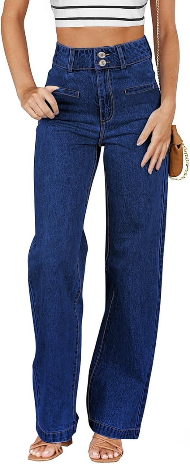 Women's Jeans High Waisted Straight Leg Stretchy Jeans Trendy Loose Wide Leg Denim Pants with Pockets