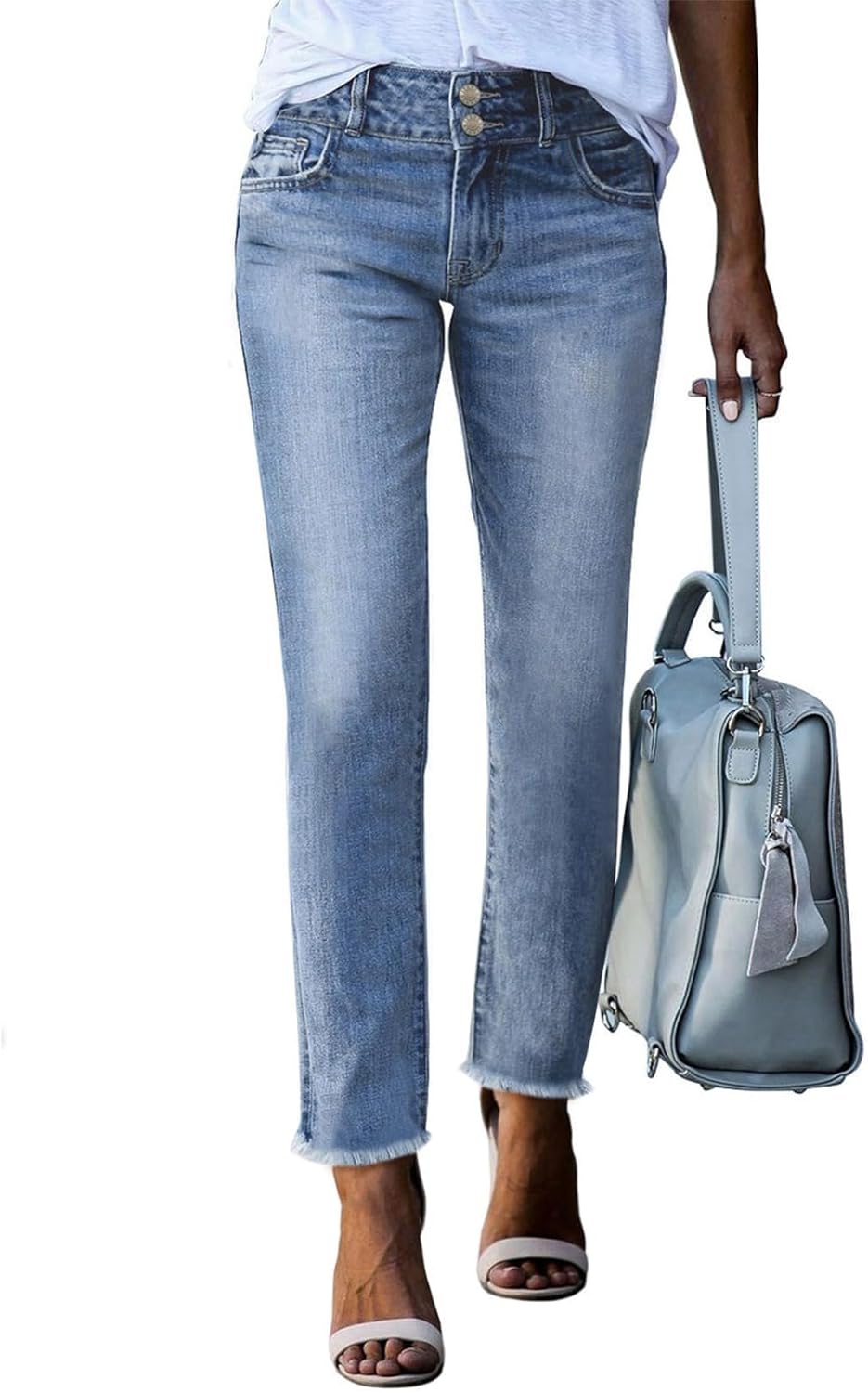 Women's High Waisted Jeans Strechy Fashion Raw Hem Straight Leg Ankle Denim Pants with Pockets