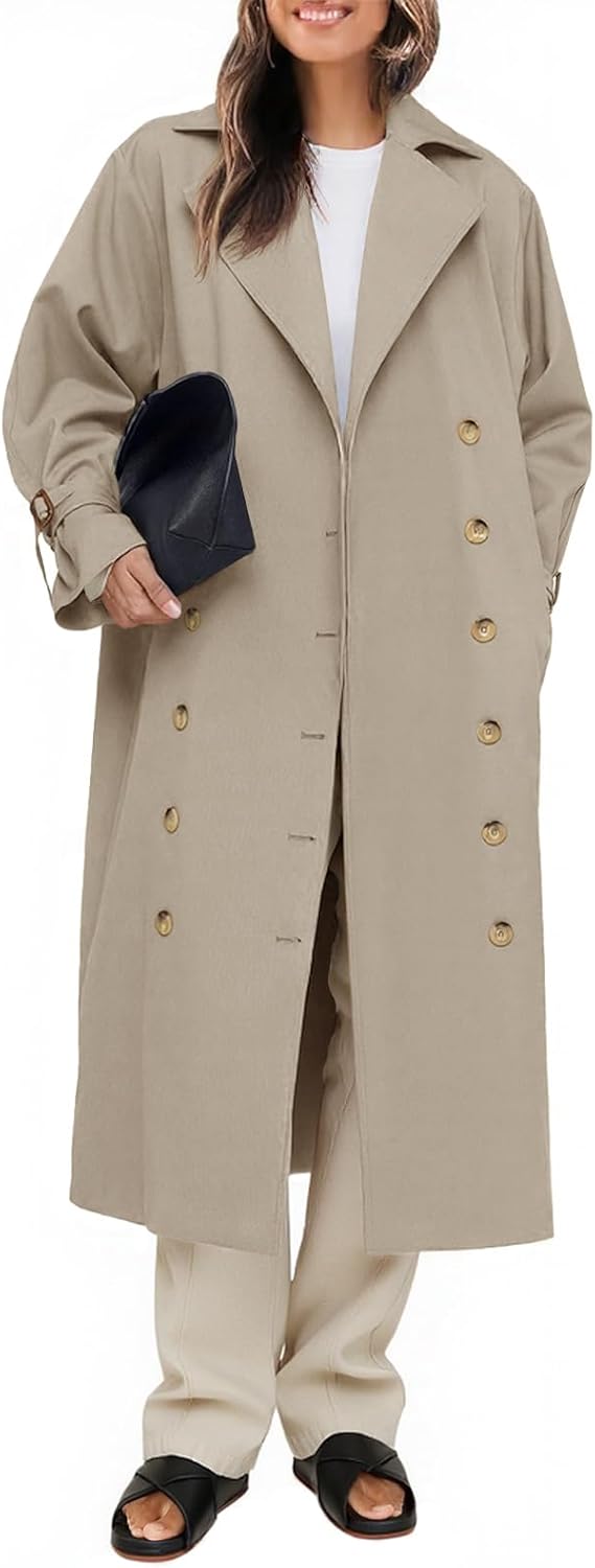Womens Long Trench Coat Double Breasted Windproof Classic Lapel Casual Fall Overcoat