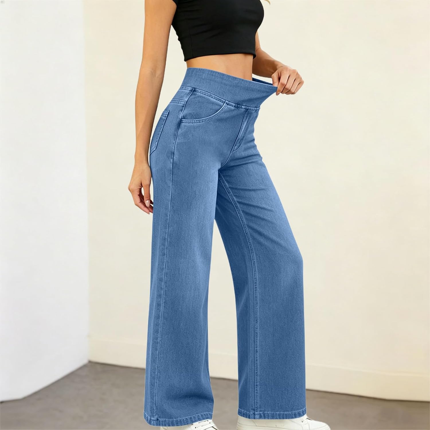 Wide Leg Jeans Woman Elastic Waist Pull on Stretchy Straight Leg Denim Pants High Waisted Tummy Control Sweatpant Jean - Image 2