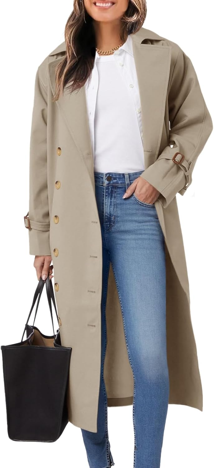 Womens Long Trench Coat Double Breasted Windproof Classic Lapel Casual Fall Overcoat - Image 2