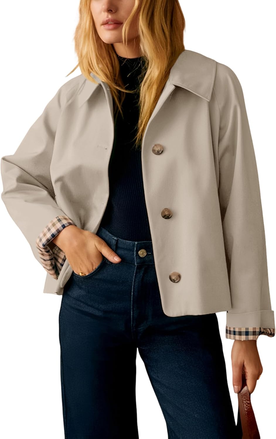 Womens Short Trench Jacket Plaid Lining Button Front Lightweight Classic Casual Outerwear with Pockets
