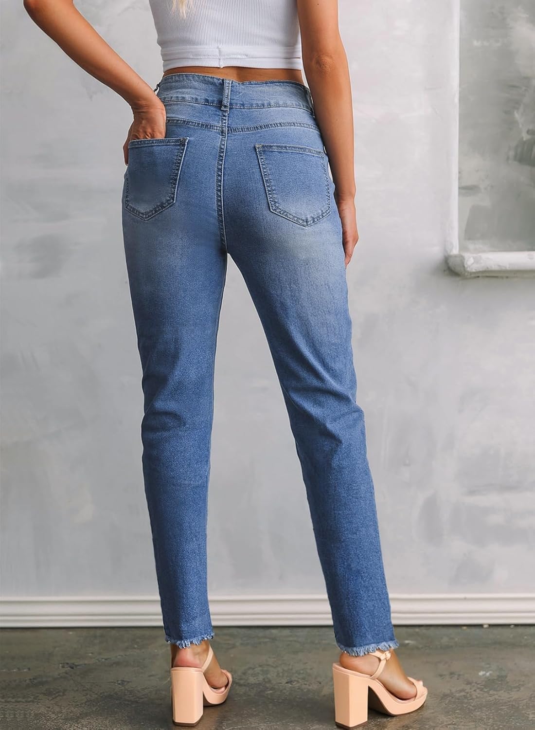 Women's High Waisted Jeans Strechy Fashion Raw Hem Straight Leg Ankle Denim Pants with Pockets - Image 2
