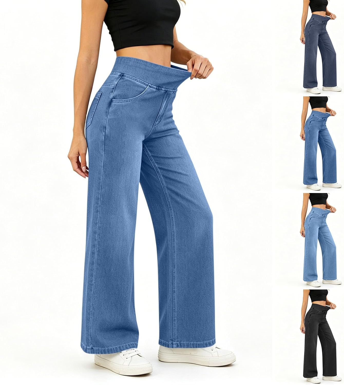 Wide Leg Jeans Woman Elastic Waist Pull on Stretchy Straight Leg Denim Pants High Waisted Tummy Control Sweatpant Jean