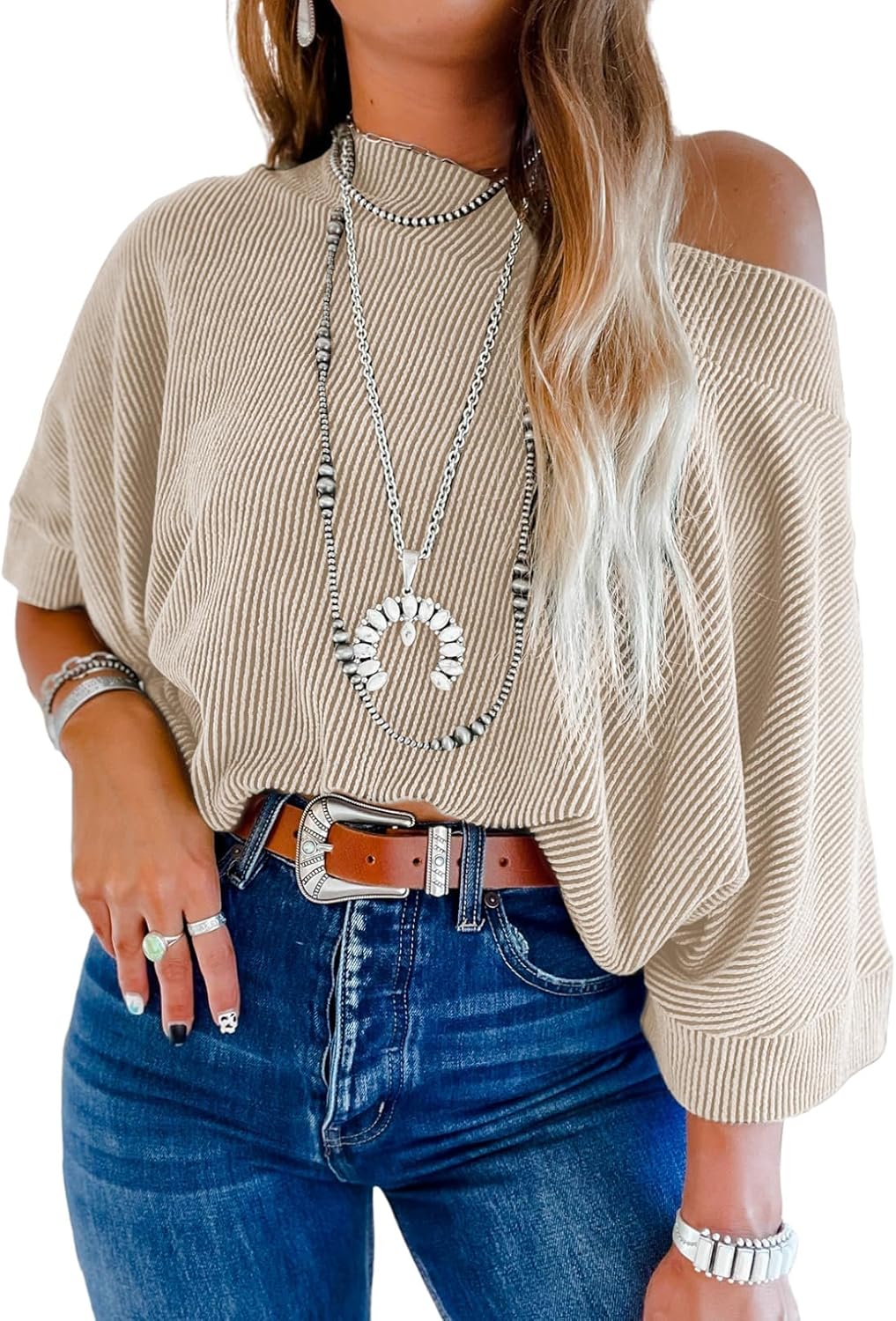 Sexy Off The Shoulder Tops for Women 3/4 Length Sleeve Womens Tops Spring Summer 2026 Boat Neck One Shoulder Shirts
